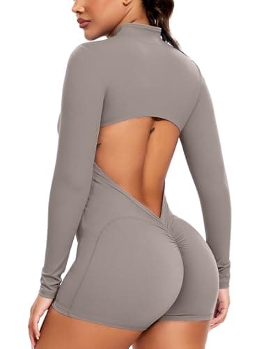 SEASUM Women Long Sleeve Shorts Jumpsuit Zip Up Bodysuits 2026 Yoga Workout Unitards Bodycon One Piece Tummy Control Open Back Romper Iron Grey L