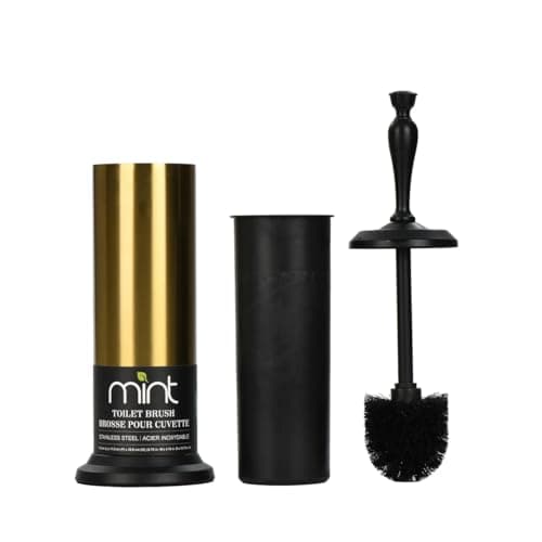 J&V TEXTILES Toilet Brush, Toilet Bowl Brush with Extra Long Handle Durable Bristles Toilet Scrubber and Covered Holder for Toilet Brush Set for Bathroom Cleaning (Aged Brass/Matte Black)