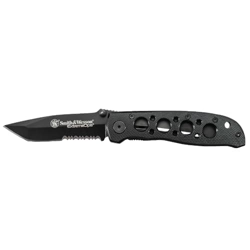 Smith & Wesson CK5TBS 7.4in High Carbon S.S. Folding Knife with a 3.2in Serrated Tanto Blade and Aluminum Handle for Outdoor, Tactical, Survival and EDC