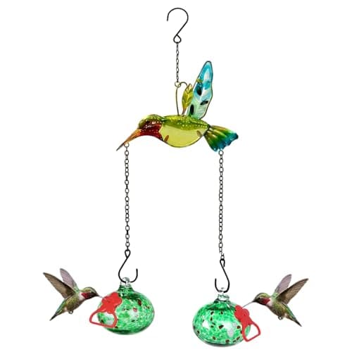 Headak Life Hand Blown Glass Hummingbird Feeder–Unique Hummingbird Feeders for Outdoors Hanging with Hummingbird Orament and Upgraded Sturdy Iron Chains,Hand-Painted Art for Garden Yard Decor(Green)