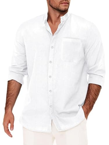 APRAW Mens Cotton Linen Button Down Shirts Long Sleeve Casual Summer Plain Shirt Tops with Pocket White