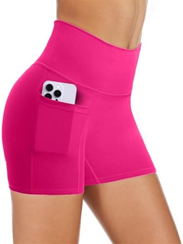 COPYLEAF Biker Shorts Women with Pockets 5'' High Waisted Gym Workout Spandex Shorts Tummy Control Yoga Shorts(Hot Pink S)