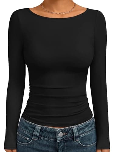 Trendy Queen Women's Boat Neck Tops Long Sleeve Shirts Black S