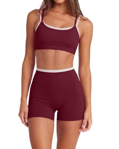SUUKSESS Women 2 Pieces Workout Sets Padded Spaghetti Straps Tank Tops High Waist Biker Shorts Gym Yoga Active Wear Matching Sets (Burgundy, XL)