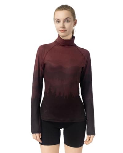 Leapstride Women's Slim Fit Turtleneck Performance Base Layer Long Sleeve Top with Placement Printed Mountain & Forest Design, Moisture - Wicking Super Soft CloudTouch Fabric