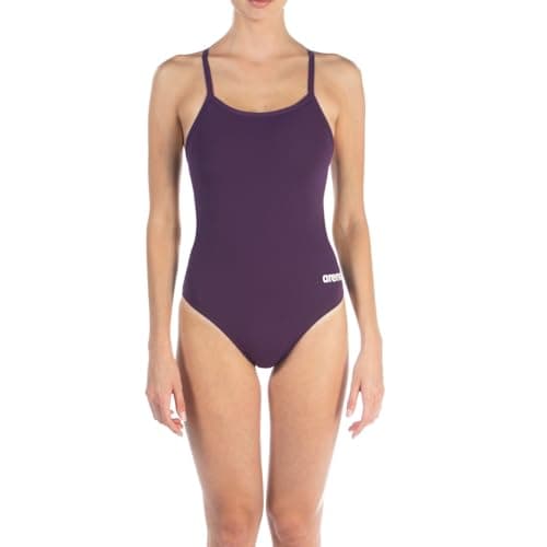 ARENA Women's Team MaxLife Swimsuit Solid Challenge Back One Piece Competition Training Bathing Suit Athletic Swimwear, Plum/White, US Size 22