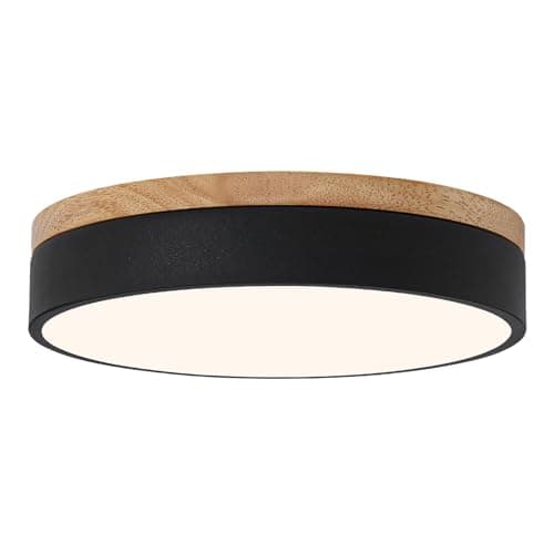 HONIEGG 12" Minimalist Black and Wood LED Flush Mount Ceiling Light Fixture