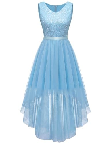 BeryLove Sparkly Dresses for Teens Sequin Wedding Guest Prom Glitter Cocktail Dress Tulle High Low Party Formal Birthday Gowns S003 LightBlue 3XL