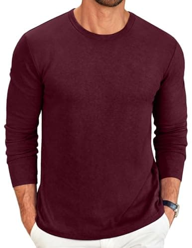 COOFANDY Men's Long Sleeve Shirts Crew Neck T Shirt Solid Casual Tshirt Lightweight Work Tees Heather Burgundy