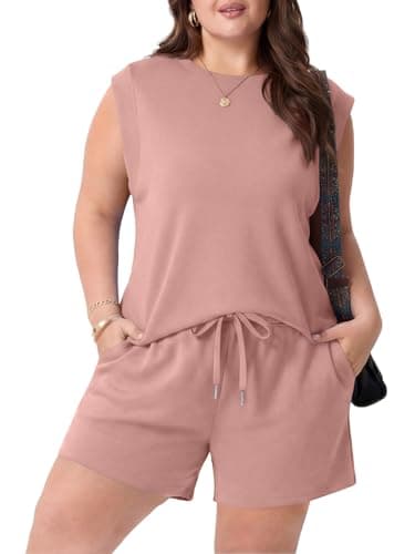 OLRIK Womens Plus Size Summer Sets Stretchy 2 Piece Shorts Set with Pockets Casual Beach Vacation Outfits Rust Red-4X