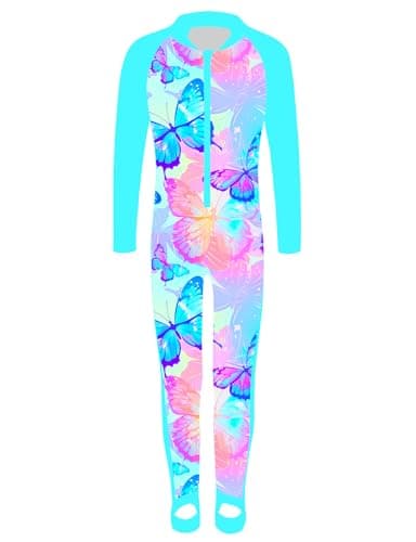 TFJH E One Piece Girls Bathing Suits Long Sleeve Swimsuits UPF 50+ Rash Guard Suits LightBlue Bbutterfly 104/110