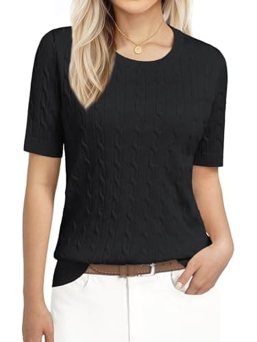 Women's Short Sleeve Fashion Cable Knit Sweater Tops Lightweight Ribbed Pullover Blouse Crew Neck Shirts for Office and Casual Spring Summer 2026 Black