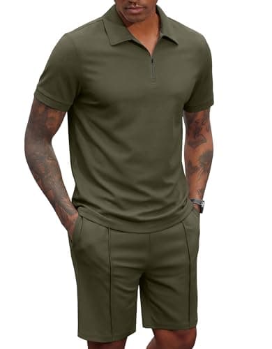 COOFANDY Men's 2 Pieces Outfits Quarter Zip Polo Shirt and Shorts Set Casual Summer Tracksuit