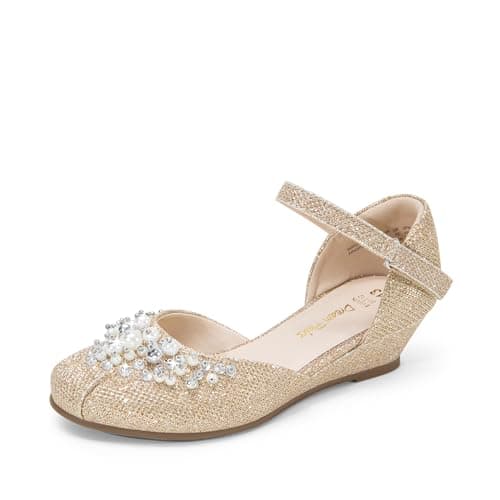 DREAM PAIRS Girls Dress Shoes, Glittering Low Wedge Heels with Pearls Rhinestones, Soft Cushioning, Hook-and-Loop Straps, Non-Slip Outsole, Party Formal Wear, Size 1 Little Kid,Gold-Glitter,SDFL2414K