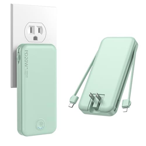 Nusyddy Portable Charger, 10000mAh PD20W Fast Charging Power Bank with Built-in Cables & Wall Plug, Travel Essentials External Battery Pack, USB C Battery Phone Charger for iPhone, iPad, Samsung Green