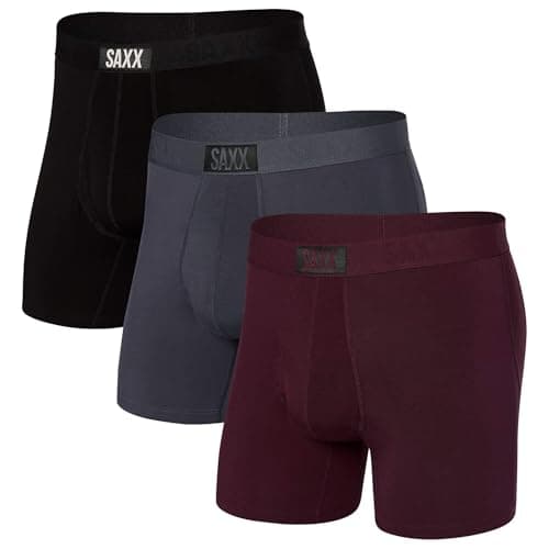 SAXX Underwear Co. Men's Ultra Super Soft Boxer Brief Fly 3-Pack, Burnt Plum/Turbulence/Black, Small