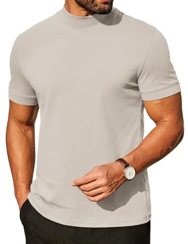 COOFANDY Mock Turtleneck for Men Heavy Weight Cotton Short Sleeve Mock Neck Shirt Dress Casual Stretch T-Shirts Basic Regular Shirt Tops Light Khaki