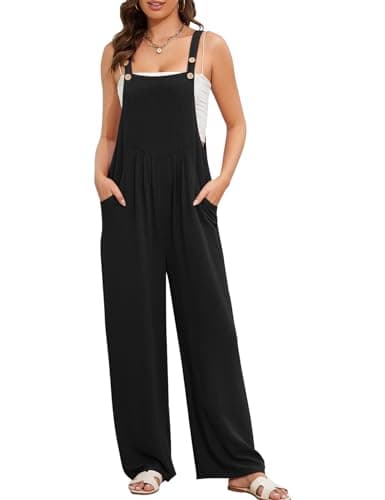 Flygo Overalls for Women Loose Fit Cotton Linen Bib Overalls Wide Leg Jumpsuits Casual 2025 Summer Rompers(Black-L)