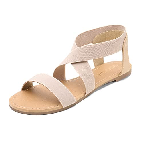 DREAM PAIRS Women's Elastic Ankle Strap Flat Sandals Summer Dressy Shoes Cute Strappy Gladiator Sandals, Size 6, Nude, Elatica-6