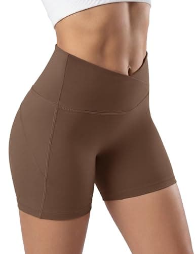 MAGCOMSEN Crossover Biker Shorts Women 4" No Front Seam High Waist Tummy Control Yoga Workout Gym Shorts Back Pocket Brown XS