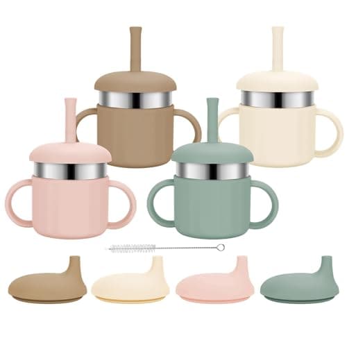 EsOfficce Baby Sippy Cups, 7.4 Oz 3 Stages Training Cup, Straw Cup for Infants Toddlers 6-12 Month and Kids 1-3 Year, Stainless Steel Kid Cups with Silicone Straws, 4 Colors A