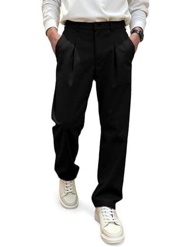 JMIERR Men's Casual Pleated Baggy Chions Pants Elastic Waist Relaxed Fit Straight Leg Dress Trousers for Men Lounge, L, Black