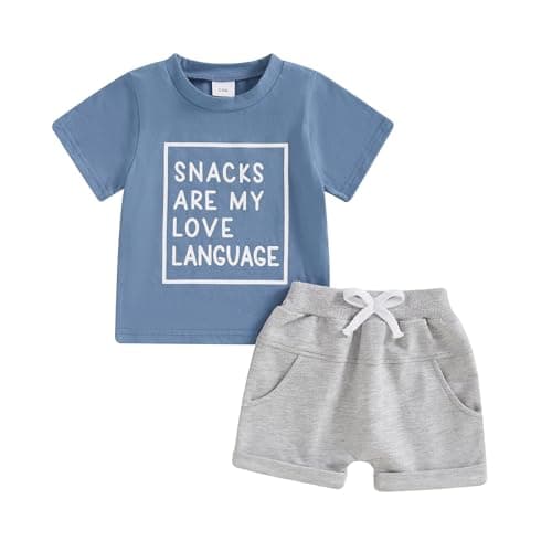 allshope Infant Baby Boy Summer Clothes Letter Print Short Sleeve T Shirt Top Stretch Rolled Shorts Cute Newborn Toddler Outfits (Snacks Blue, 12-18 Months)