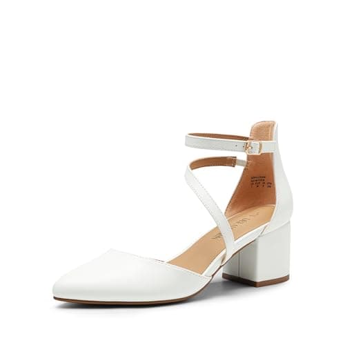 DREAM PAIRS Women's Closed Pointed Toe Low Chunky Heels Pumps Ankle Strap Wedding Business Dressy Shoes,Size 6.5,White-Pu,SDPU2354W