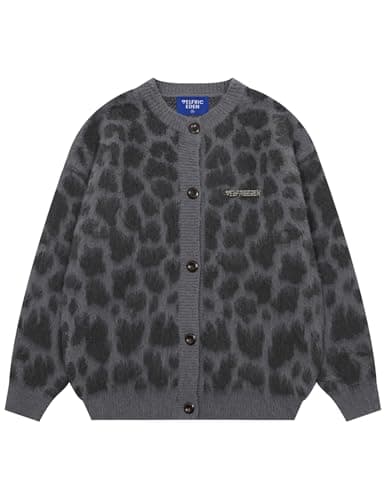 Aelfric Eden Leopard Print Cardigan Sweaters for Women Oversized Cheetah Y2k Crewneck Button Down Long Sleeve Cardigans Grey