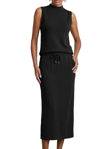 Casly Lamiit Two Piece Sets for Women Sleeveless Mock Neck Casual Work Office Outfits Casual Midi Skirt Set Conjuntos de 2 Piezas Para Mujer Black L