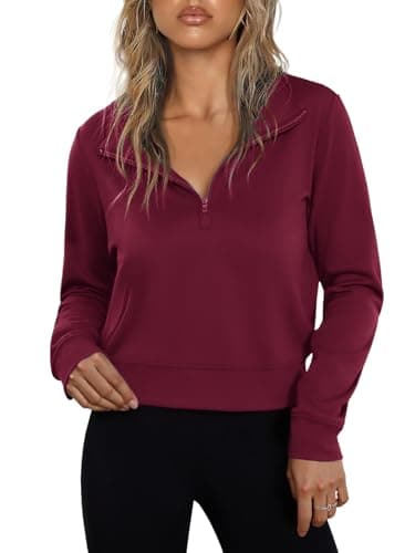 Totatuit Women Cropped Sweatshirt Half Zip Pullover Long Sleeve Crop Top Casual Fall Fashion Clothes Christmas Family Wine Red XXL