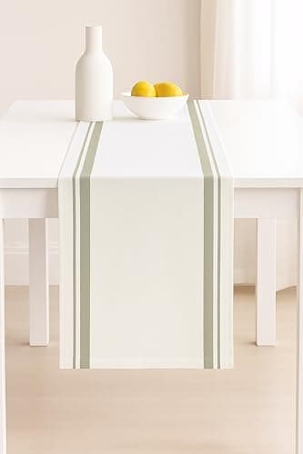 PurpleEssences French Striped Table Runner 72 inches Long Stripe Runner 14 x 72 Inch 100% Cotton - Durable Washable Fabric for Spring Easter Summer Table Decor - Royal Grey and H.White