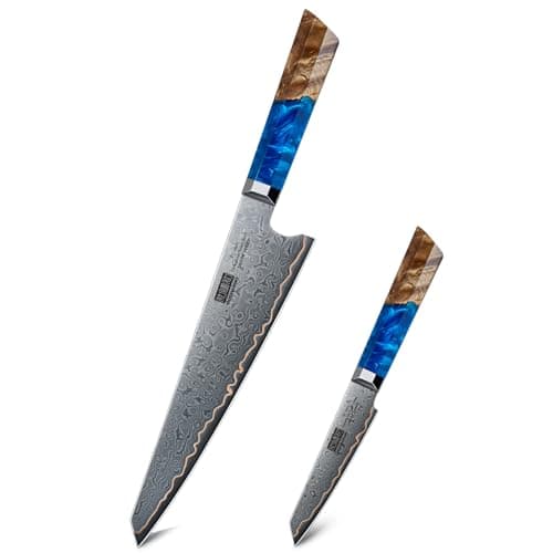 HOSHANHO Damascus Paring Knife 4 Inch, 67-Layer Damascus Steel Professional Small Kitchen Knives & Chef Knife 8 Inch, Ultra Sharp Japanese Cooking Knives, Ergonomic Blue Resin Stabilized Wood Handle