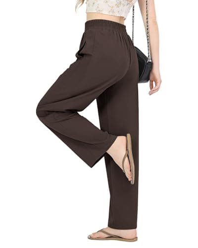 JEKAOYI Womens Casual Pants Breathable Stretchy Pull On High Waisted Straight Leg Trousers for Summer Brown