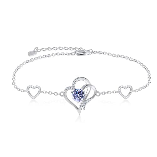 RIVIKO Love Heart Charm Bracelet For Women 925 Sterling Silver June Birthstone Bracelets Adjustable Link for Mother Wife Sister Birthday Christmas Mother's Day Valentine's Day Jewelry Gift