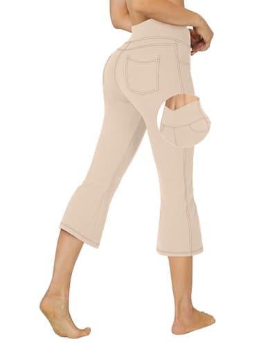G4Free Womens Capris for Summer Bootcut Capri Pants with Pockets Pull On Crossover Waist Casual Stretchy Crop Pants(Khaki,S,21")