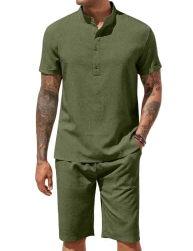 COOFANDY Mens Linen Shorts and Shirt Set Outfits 2 Piece Short Sleeve Casual Summer Beach Outfit Army Green