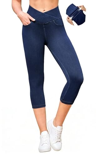 IUGA Stretchy Jean Capris for Women Pull On Capri Leggings, Dark Blue, L