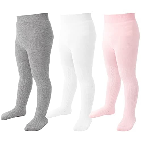 Mini angel Baby Tights 6-12 Months Girl Seamless Cable Knit Leggings Cotton Stockings Pantyhose for Toddler 3 Pack (White, Grey, Pink, S)