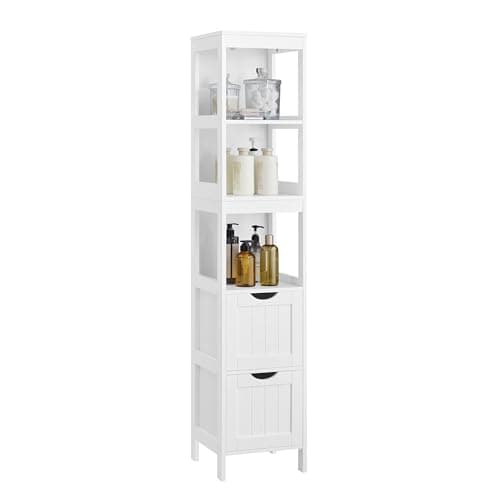 VASAGLE Storage Cabinet, Storage Organizer Rack Stand for Bathroom, Living Room, Multifunctional Corner Unit, 2 Drawers, 55.7 Inches in Height, White UBBC66WT