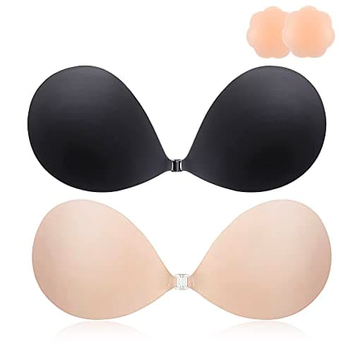 MINIYA 2026 Push Up Sticky Bra, 2 Pack Reusable Ultra Adhesive Invisible Backless Strapless Bra with Nipple Covers (US, Cup Band, E, Nude+Black)