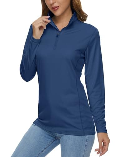 MAGCOMSEN Womens Quarter Zip Pullover Moisture Wicking Sun Shirts Long Sleeve Athletic Running Sport Top Lightweight Blue Grey,XS