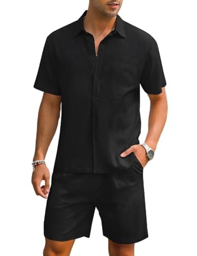 EISHOPEER Men 2 Piece Linen Outfits Set Casual Short Sleeve Shirt and Short Beach Set Black X-Large