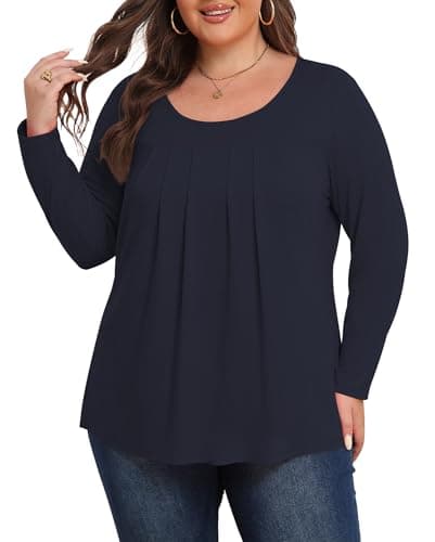 ZHUHOUSE Womens Plus Size Tunic Tops Long Sleeve Dressy Casual Cute Loose Pleated T Shirts Blouses(Navy,XX-Large)
