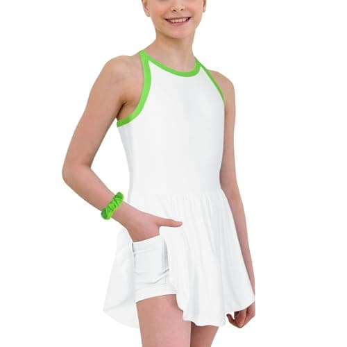 MODAFANS Girls Tennis Golf Dress Sleeveless Athletic Pleated Outfits Sets Built in Shorts with Pockets Simple White,10-11Years