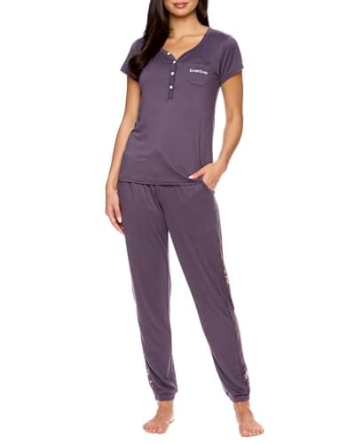 bebe Womens Pajama Set, Short Sleeve Shirt with Lace Jogger PJ Pants Lounge Sets for Women Plus Size (Midnight Lavender, 1X)
