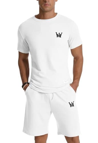 MLANM Mens Short Sets 2 Piece Outfits Casual Summer Tracksuits Fashion Short Sleeve T Shirt and Short Sets L-White