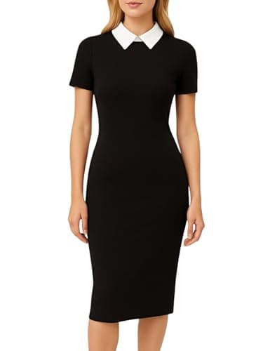 Aphratti Black Sheath Dress Women Funeral Short Sleeve Peter Pan Collar Business Office Work Professional Outfits Black02 XX-Large