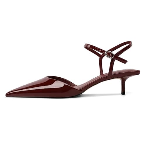 SAMMITOP Kitten Heels Burgundy Closed Pointed Toe Ankle Strap Slingback Heels Low Heel Pumps Shoes Women Dressy Patent Leather Red 1.5 Inch Size 8.5