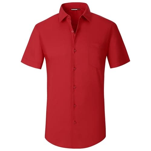 WARHORSEE Mens Dress Shirts Short Sleeve Performance 4-Way Stretch Wrinkle Free Casual Button Down Shirt,Red,M